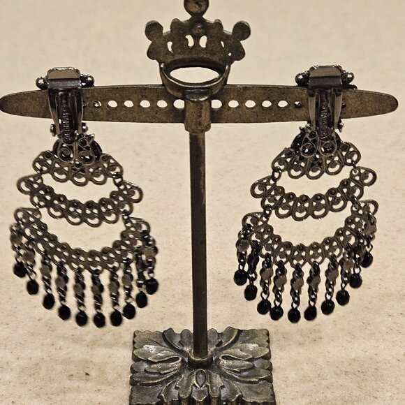 RARE VINTAGE JOSE & MARIA BARRERA BLACK CRYSTAL SILVER DROP CHANDELIER EARRINGS - Picture 5 of 10